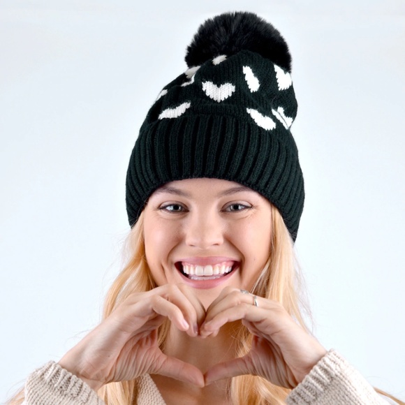 Women's Hearts and Pom Pom Knit Winter Hat - Picture 2 of 7